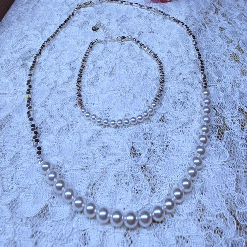 Silver Pearl Clavicle Necklace & Bracelet Set for Women, Sparkling Titanium Steel Chain,  Daily Staple Jewelry, Thoughtful Gift for Mom, Wife & Girlfriend