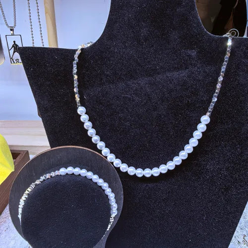 Silver Pearl Clavicle Necklace & Bracelet Set for Women, Sparkling Titanium Steel Chain,  Daily Staple Jewelry, Thoughtful Gift for Mom, Wife & Girlfriend