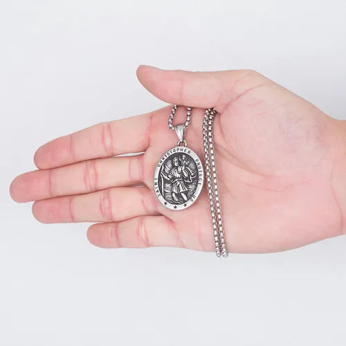 St. Christopher Protection Pendant Necklace, Stainless Steel Titanium Steel Amulet Pendant for Men Women, Trendy Religious Jewelry, Ideal Gift