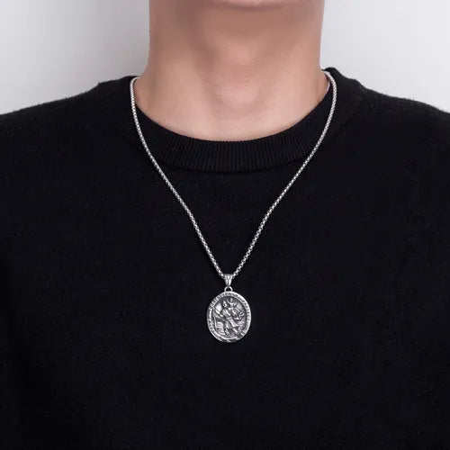 St. Christopher Protection Pendant Necklace, Stainless Steel Titanium Steel Amulet Pendant for Men Women, Trendy Religious Jewelry, Ideal Gift