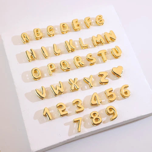 18K Gold Alphabet Number Heart Charm Beads, DIY Necklace Pendant Accessories