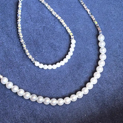 Silver Pearl Clavicle Necklace & Bracelet Set for Women, Sparkling Titanium Steel Chain,  Daily Staple Jewelry, Thoughtful Gift for Mom, Wife & Girlfriend
