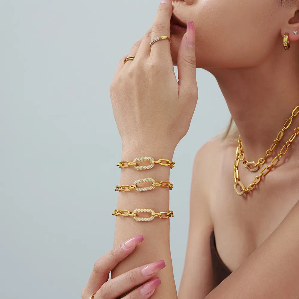 Gold Tone Stainless Steel Micro Pave Zircon Bracelet, Minimalist Ins Delicate Bracelet for Women, Beautiful Holiday Gift