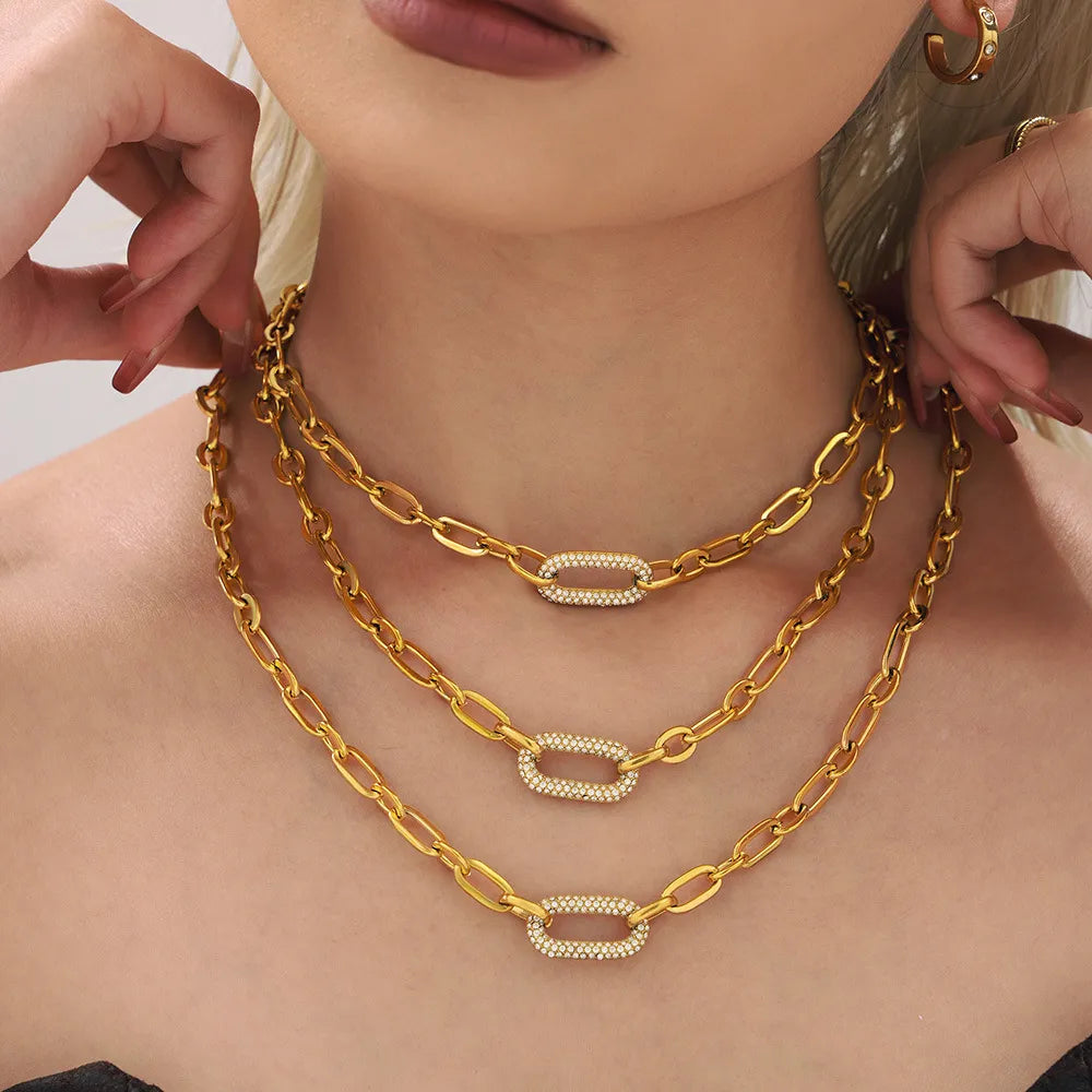 Gold Tone Stainless Steel Micro Pave Zircon Choker Necklace, Minimalist Ins Delicate Necklace for Women, Ideal Holiday Gift