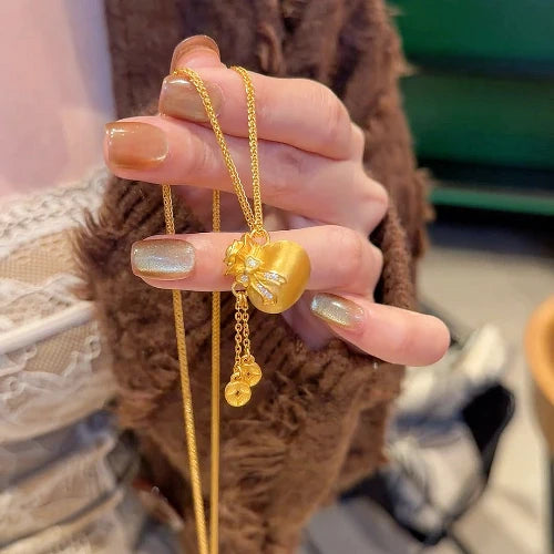24K Gold plated Electroplated New Chinese Style Bow Lucky Bag Coin Tassel Necklace for Women, Great Color Retention, Thoughtful Gift for Mom, Wife & Girlfriend