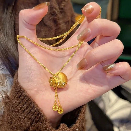 24K Gold plated Electroplated New Chinese Style Bow Lucky Bag Coin Tassel Necklace for Women, Great Color Retention, Thoughtful Gift for Mom, Wife & Girlfriend