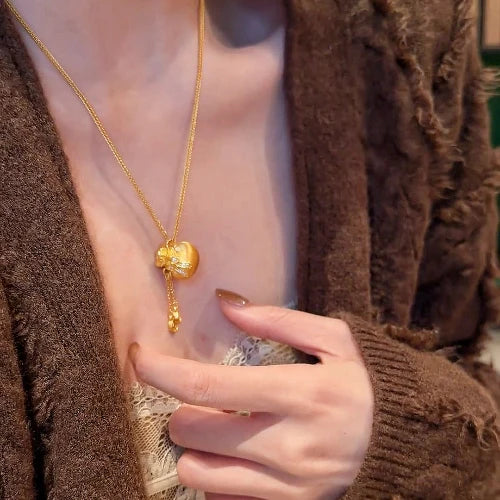 24K Gold plated Electroplated New Chinese Style Bow Lucky Bag Coin Tassel Necklace for Women, Great Color Retention, Thoughtful Gift for Mom, Wife & Girlfriend