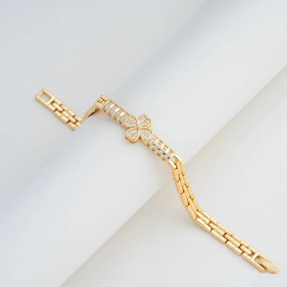 Gold Tone Four Leaf Clover Zircon Bracelet, Copper Gold Plated Luxury Bracelet for Women, Middle East Fashion, Great Gift for Holiday