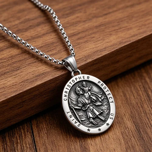 St. Christopher Protection Pendant Necklace, Stainless Steel Titanium Steel Amulet Pendant for Men Women, Trendy Religious Jewelry, Ideal Gift
