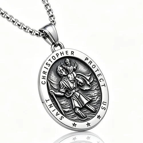 St. Christopher Protection Pendant Necklace, Stainless Steel Titanium Steel Amulet Pendant for Men Women, Trendy Religious Jewelry, Ideal Gift