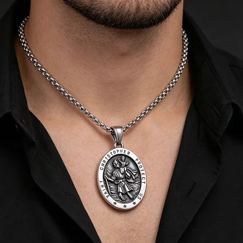 St. Christopher Protection Pendant Necklace, Stainless Steel Titanium Steel Amulet Pendant for Men Women, Trendy Religious Jewelry, Ideal Gift