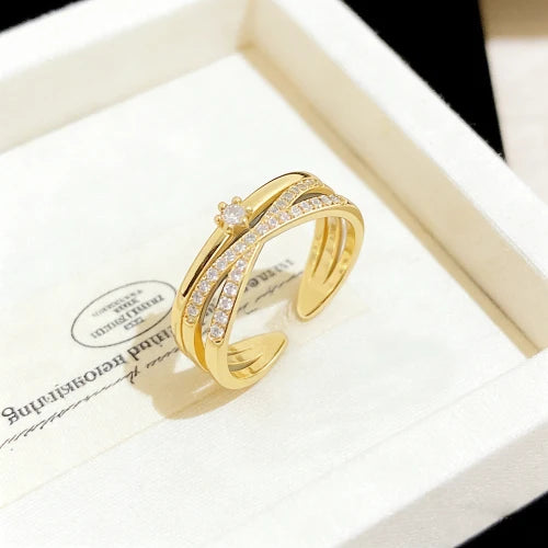 Gold Plated Cross Zircon Open Ring – Adjustable Korean Style