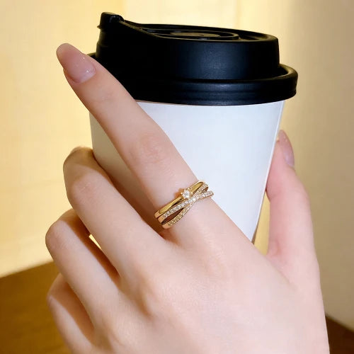 Gold Plated Cross Zircon Open Ring – Adjustable Korean Style
