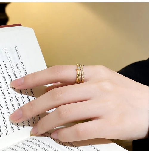 Gold Plated Cross Zircon Open Ring – Adjustable Korean Style