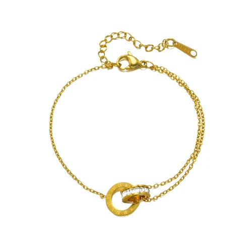 Titanium Steel Roman Numeral Double Ring Bracelet, Inlaid Zircon, Non-Fading Light Luxury Women Jewelry