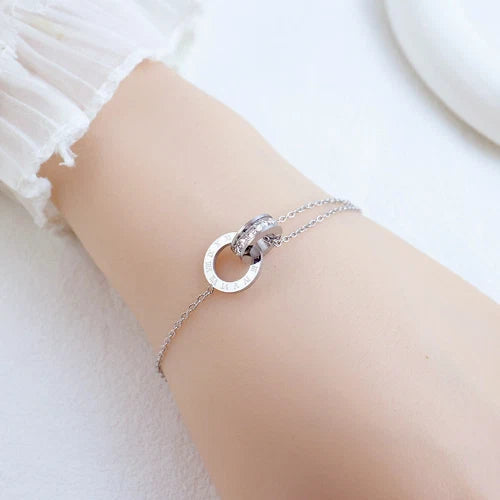 Titanium Steel Roman Numeral Double Ring Bracelet, Inlaid Zircon, Non-Fading Light Luxury Women Jewelry