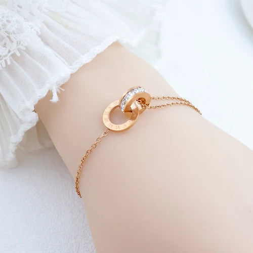 Titanium Steel Roman Numeral Double Ring Bracelet, Inlaid Zircon, Non-Fading Light Luxury Women Jewelry
