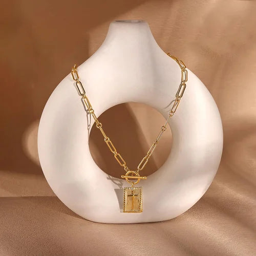 Gold Tone Paperclip Cross Necklace, OT Clasp Minimal Geometric Choker for Women, Trendy TikTok Jewelry, Perfect Gift for Holiday & Anniversary