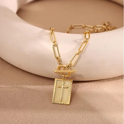 Gold Tone Paperclip Cross Necklace, OT Clasp Minimal Geometric Choker for Women, Trendy TikTok Jewelry, Perfect Gift for Holiday & Anniversary