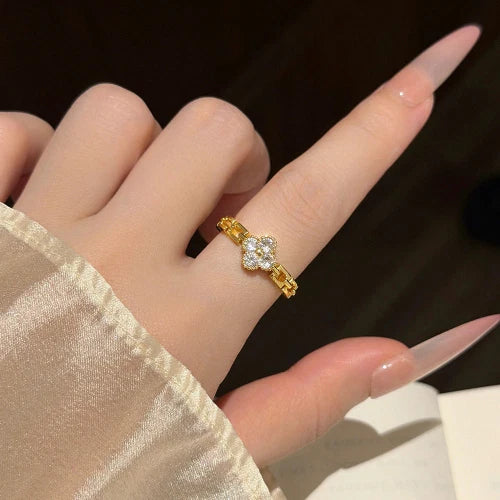 Delicate Four-Leaf Clover CZ Open Ring – Adjustable Gift for Her