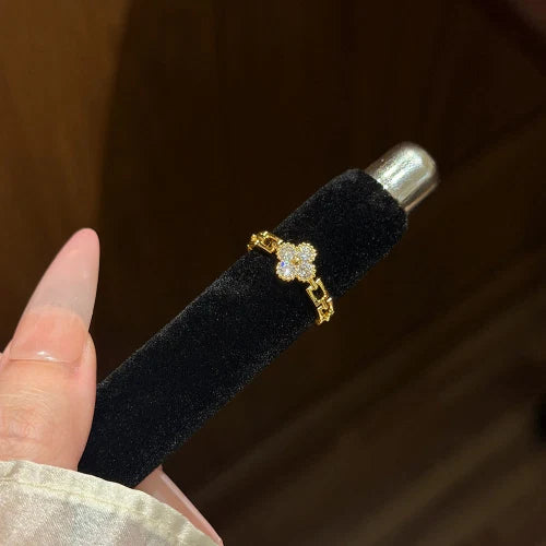 Delicate Four-Leaf Clover CZ Open Ring – Adjustable Gift for Her