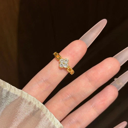 Delicate Four-Leaf Clover CZ Open Ring – Adjustable Gift for Her