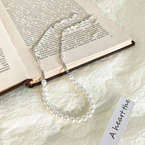 Silver Pearl Clavicle Necklace & Bracelet Set for Women, Sparkling Titanium Steel Chain,  Daily Staple Jewelry, Thoughtful Gift for Mom, Wife & Girlfriend