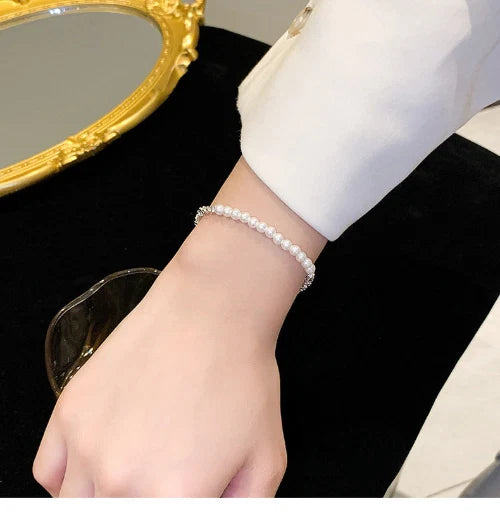 Silver Pearl Clavicle Necklace & Bracelet Set for Women, Sparkling Titanium Steel Chain,  Daily Staple Jewelry, Thoughtful Gift for Mom, Wife & Girlfriend