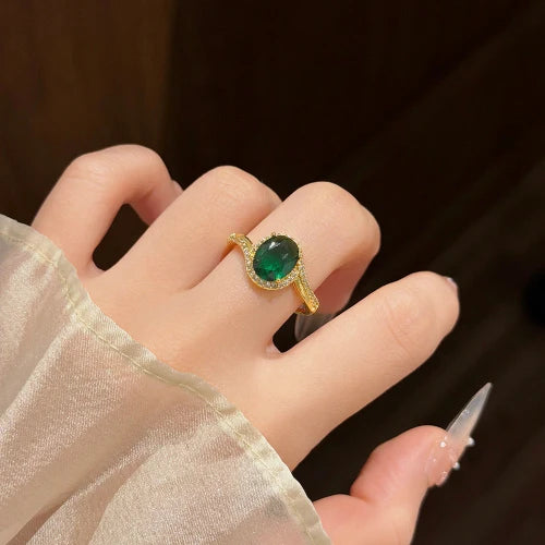 Irregular Geometric Oval Emerald Zircon Open Ring for Women, Fashion Inlaid Jewelry
