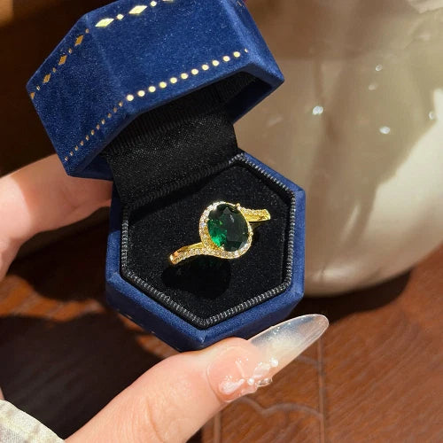 Irregular Geometric Oval Emerald Zircon Open Ring for Women, Fashion Inlaid Jewelry