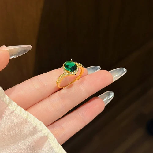 Irregular Geometric Oval Emerald Zircon Open Ring for Women, Fashion Inlaid Jewelry